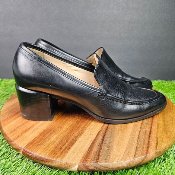 Enzo Angiolini Black Leather Loafer Pumps Size 10 M Chunky Block Heels Classic - Picture 1 of 16